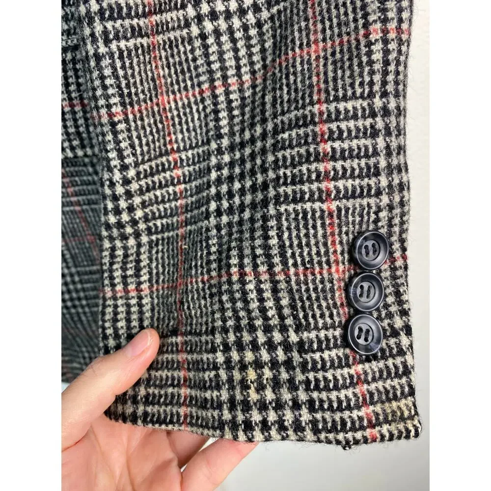 Bronzini Men's 40R Lined 100% Wool Black Red Classic Plaid‎ Blazer *